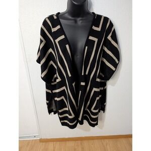 Black Beige Geometric Open Front Cardigan‎ Kimono Style Lightweight Sweater